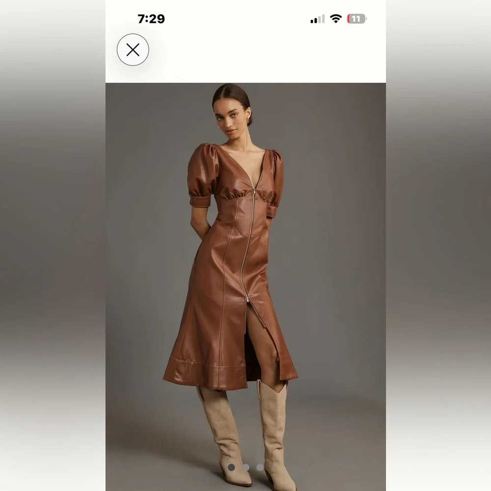 Anthropologie Faux-Leather Puff-Sleeve Zip-Front Midi Dress In Brown NWT - Picture 1 of 4